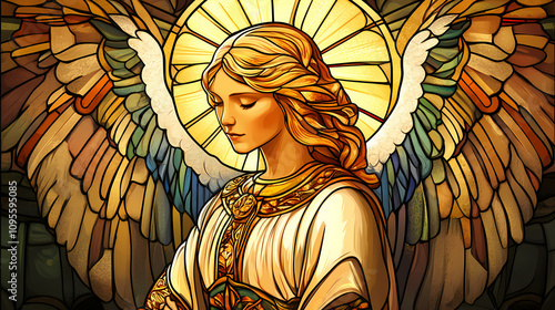 Stained-glass angel, ai generated image of a leaded glass church window depicting an archangel. Stained Glass Cathedral. Illustration photo