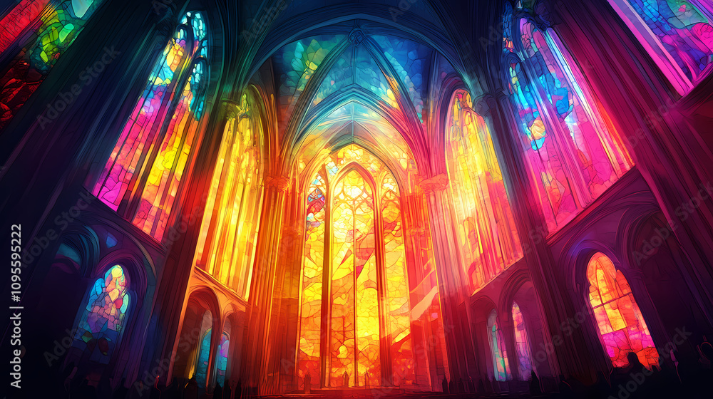 Glowing stained glass cathedral capturing vibrant sacred spiritual light. Stained Glass Cathedral. Illustration Glowing stained glass cathedral capturing vibrant sacred spiritual light. Stained Glass Cathedral. Illustration