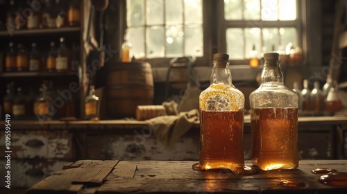 Two bottles of amber liquid sit on a wooden table in a rustic, dimly lit workshop with a barrel and shelves in the background.