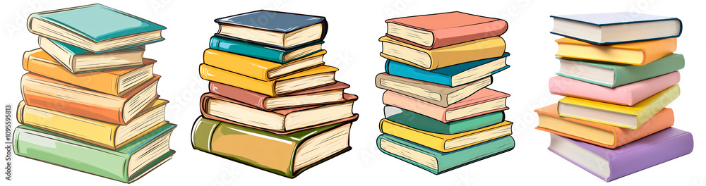 Set of blank color stack books isolated on transparent background PNG Set of blank color stack books isolated on transparent background PNG