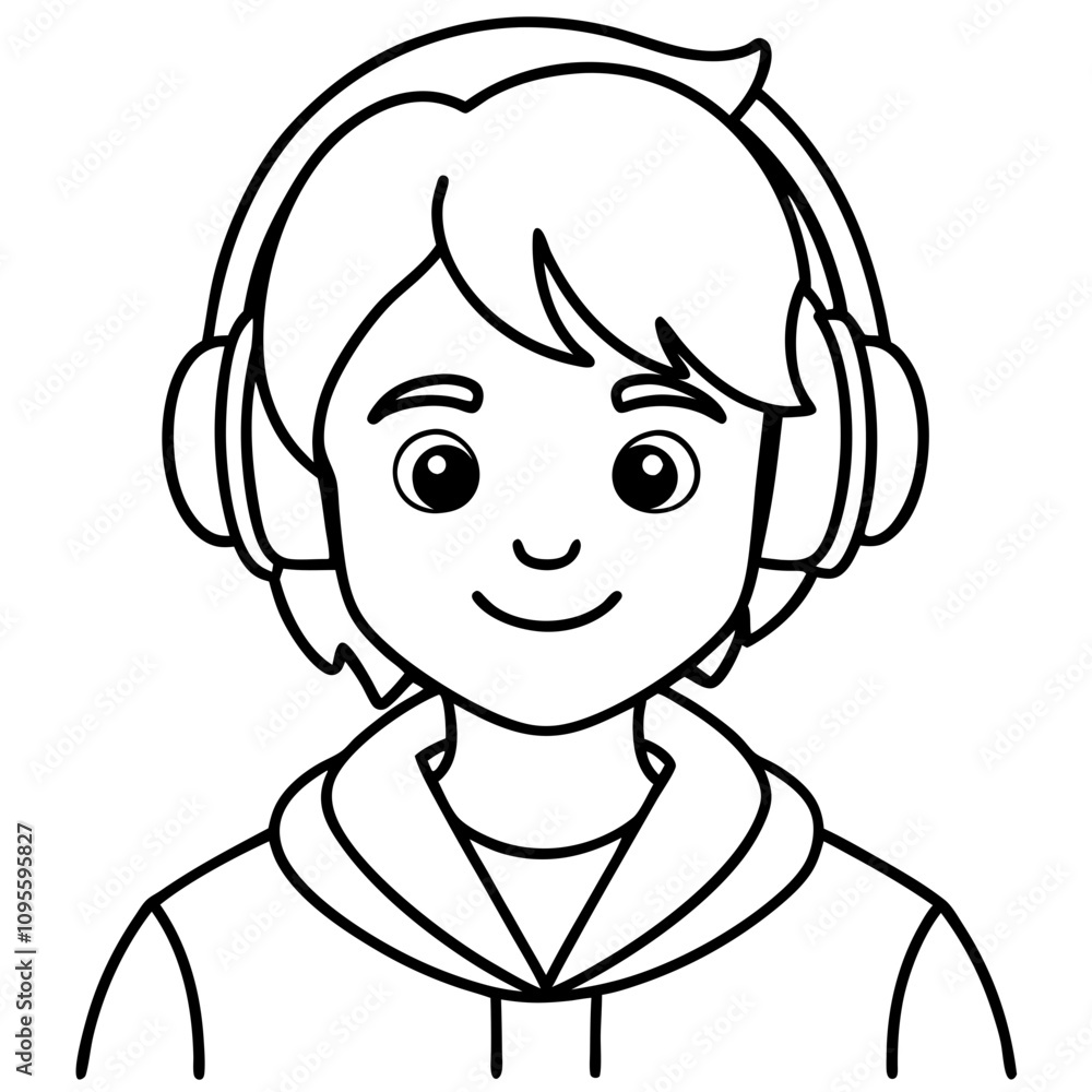 cute modern student in headphones lined illustration cute modern student in headphones lined illustration
