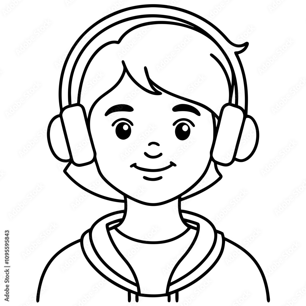 cute modern student in headphones lined illustration cute modern student in headphones lined illustration