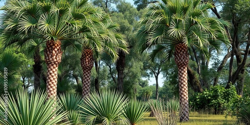 Saw palmetto serenoa repens plants with other native plants and trees, native plant species, Florida native flowers, verdant groundcover photo