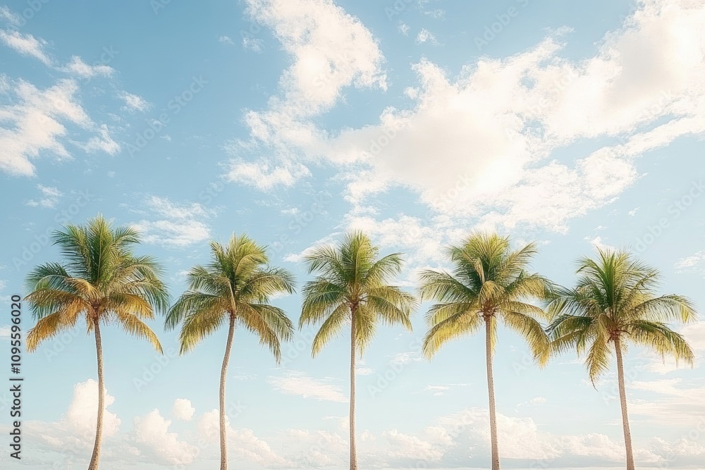 Tall Slender Palm Trees against Blue Sky with Clouds in Tropical Paradise Tall Slender Palm Trees against Blue Sky with Clouds in Tropical Paradise