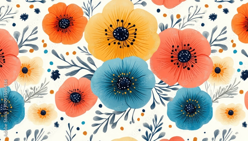A vibrant floral pattern with blue, yellow, and orange flowers. This repeating pattern is perfect for creating unique backgrounds, wallpaper, or fabric designs. A vibrant floral pattern with blue, yellow, and orange flowers. This repeating pattern is perfect for creating unique backgrounds, wallpaper, or fabric designs.