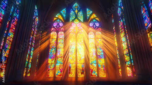 3d rendering of an old church stained glass window with sun rays. Stained Glass Cathedral. Illustration