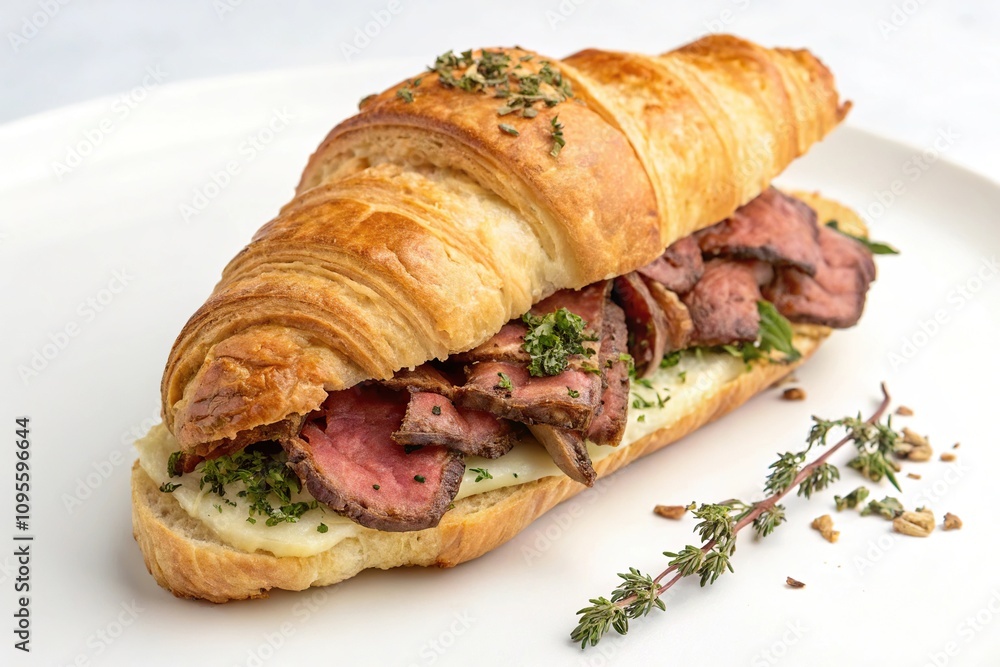 Smoked beef and herbs inside a buttery croissant, dinner, herbs, pastry, croissant, lunch Smoked beef and herbs inside a buttery croissant, dinner, herbs, pastry, croissant, lunch