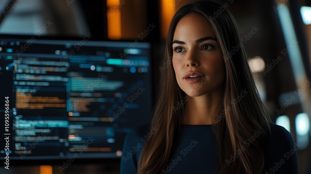 Focused female programmer coding late at night. Focused female programmer coding late at night.