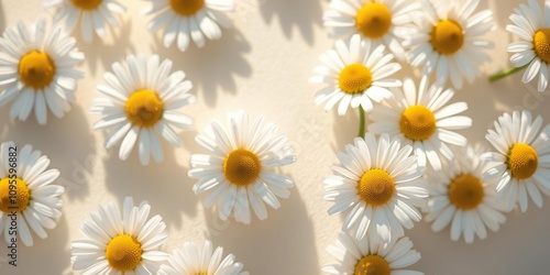 Soft Focus Chamomile Daisy Flower Pattern with Sunlight Shadows on Neutral Beige, soft focus, beige background