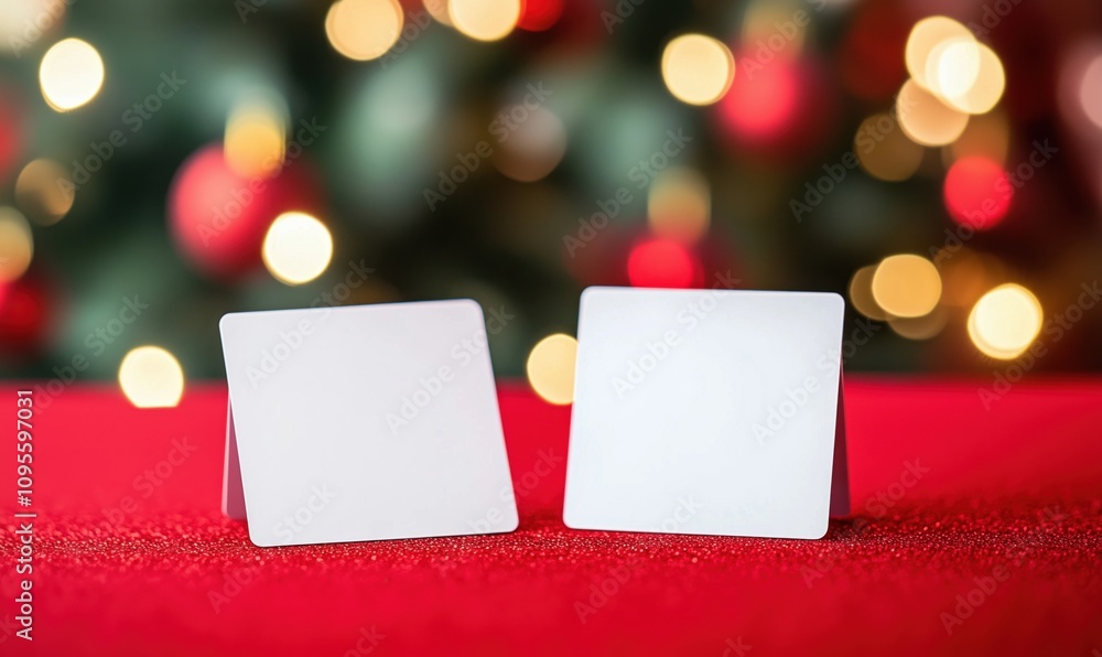 Blank cards on red table, festive background, bokeh lights, Christmas decorations Blank cards on red table, festive background, bokeh lights, Christmas decorations