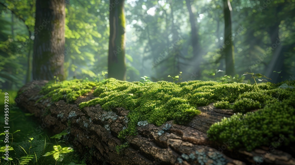 A fallen log covered in lush green moss with sunbeams filtering through the forest canopy. A fallen log covered in lush green moss with sunbeams filtering through the forest canopy.