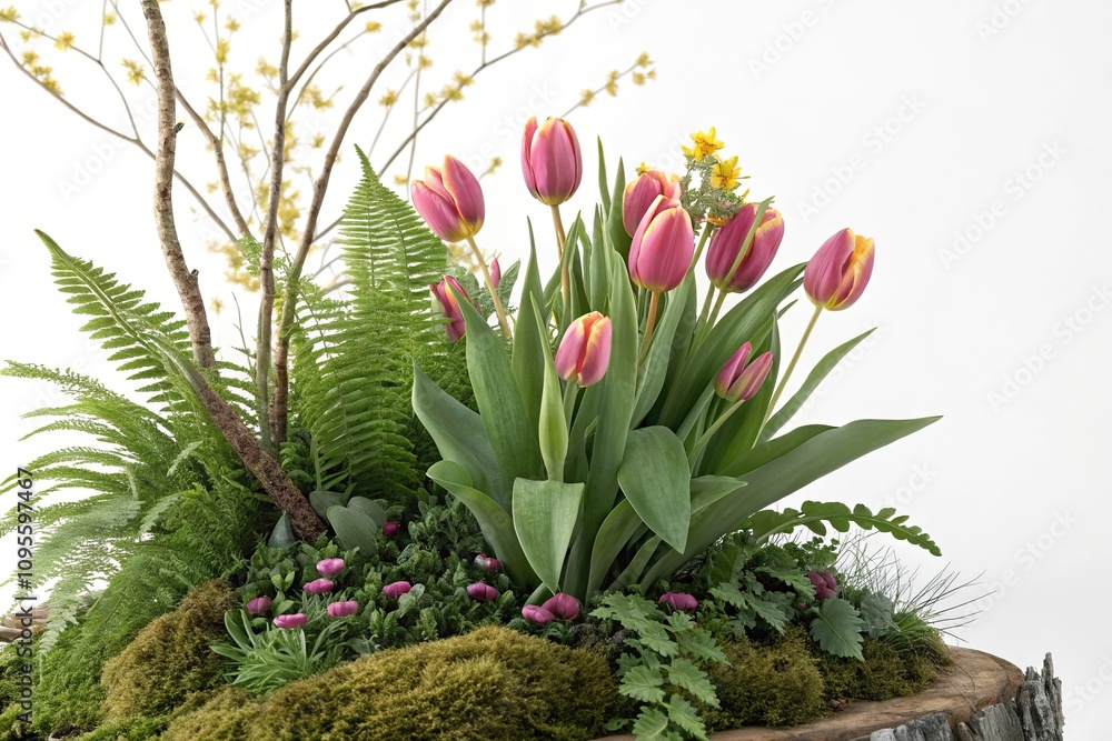 Obraz premium Spring Floral Arrangement with Tulips and Greenery, foliage, nature photography, spring flowers