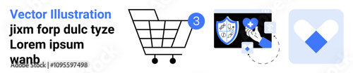 Shopping cart icon with 3 notification, blue shield and medicine symbol, abstract heart icon. Ideal for e-commerce, online shopping, user interface, health, security, notifications, and digital