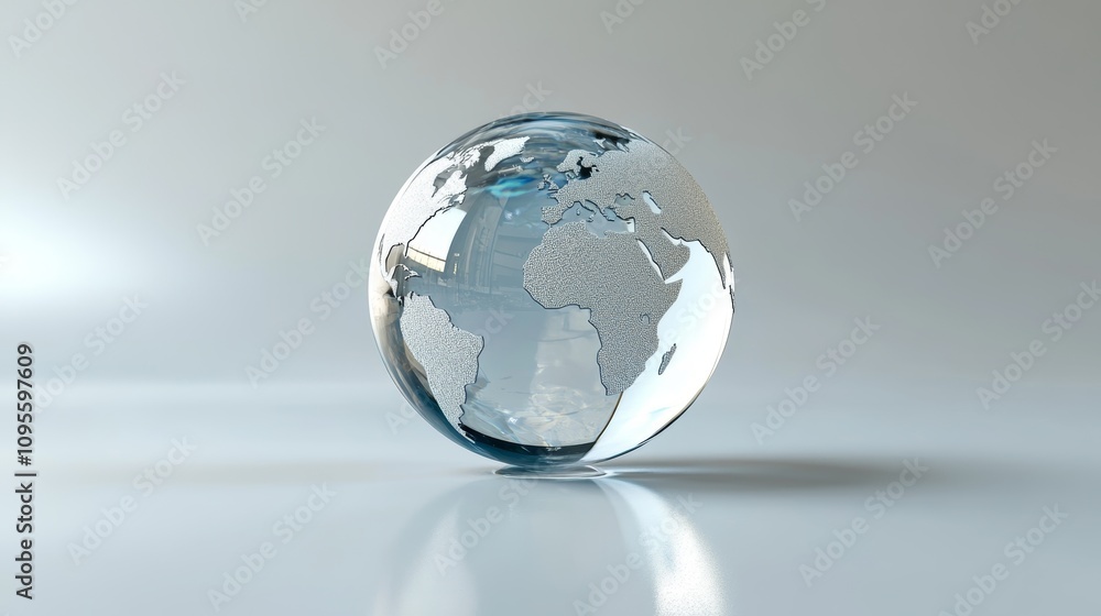 Crystal Clear Earth Minimalistic Glass Globe with Engraved Continents on Reflective Surface Crystal Clear Earth Minimalistic Glass Globe with Engraved Continents on Reflective Surface