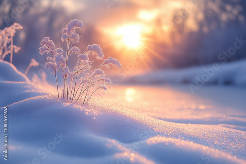 Snow and frost covered plant by the frozen river. Bright winter sunlight, cold weather. Defocused image, blurry background. photo