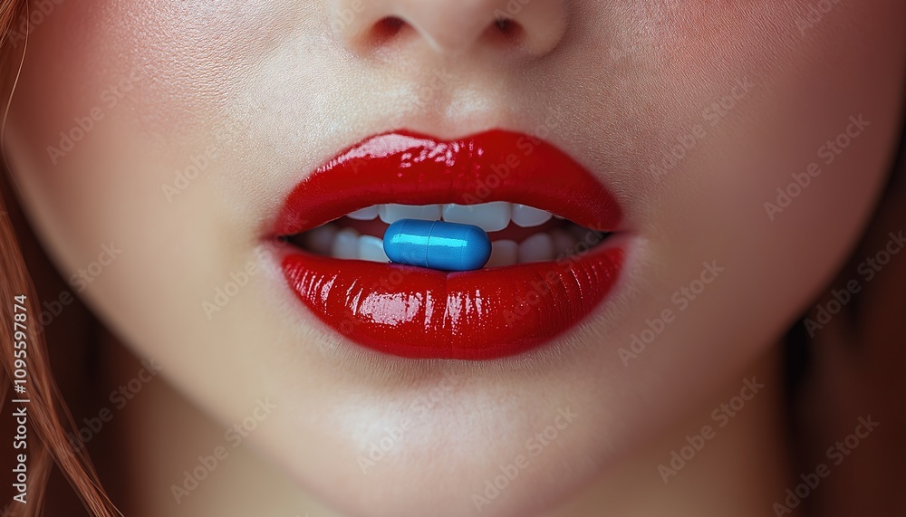 Seductive Close-Up of Lips with Blue Pill