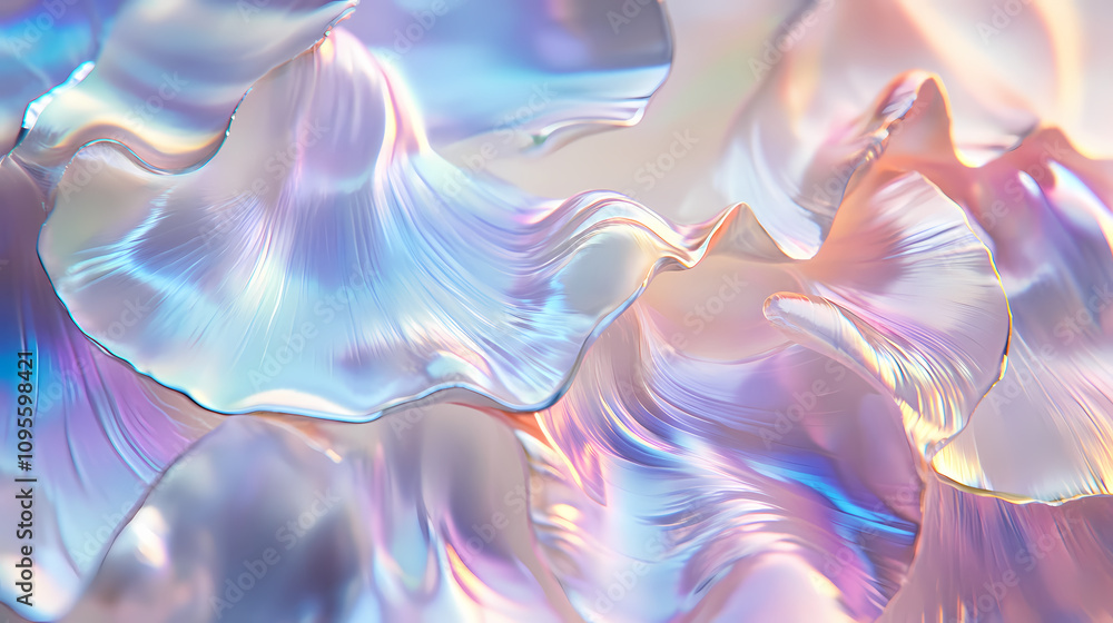 Fototapeta premium Close-up of iridescent pearl shell texture with soft natural ripples. minimal background for design. Iridescent Pearl Shells. Illustration