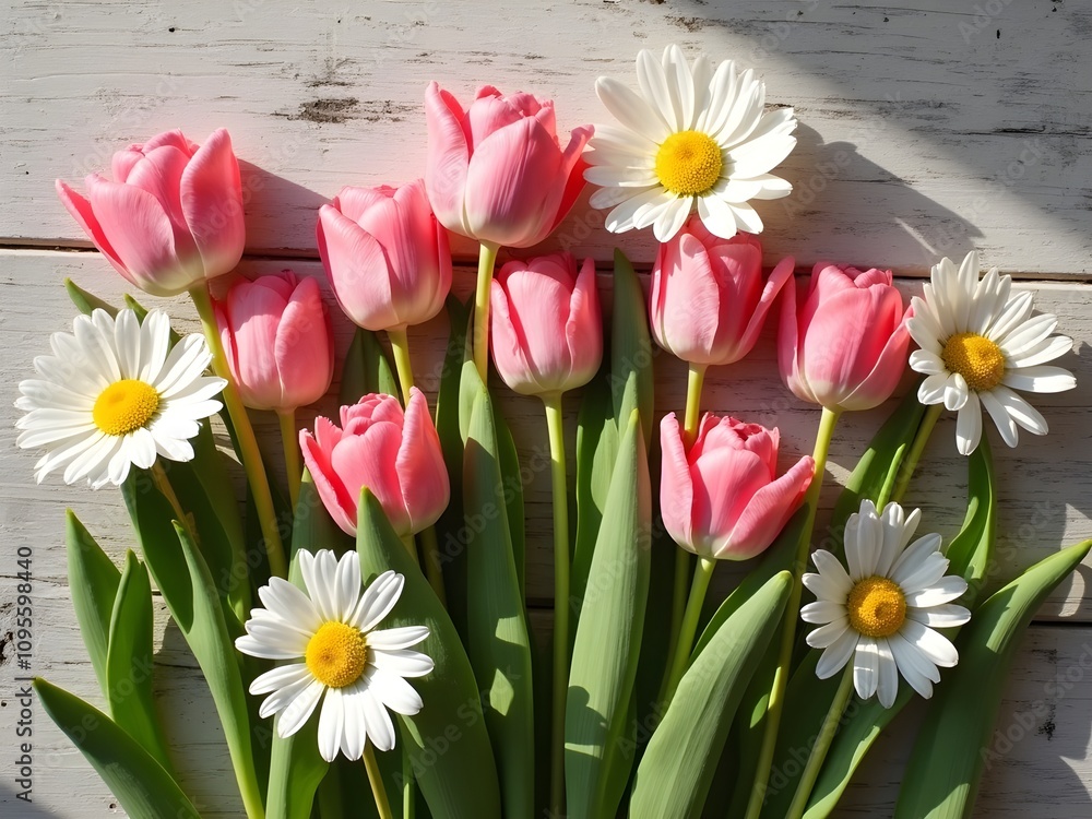 A flat lay of freshly picked flowers A flat lay of freshly picked flowers
