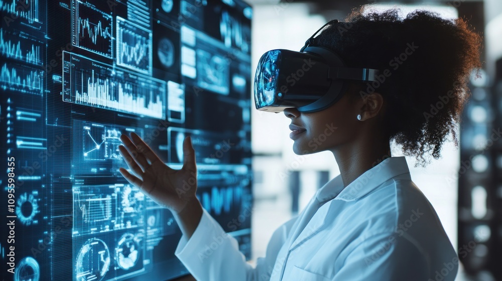 A woman in a lab coat and VR headset interacts with a digital display filled with data. A woman in a lab coat and VR headset interacts with a digital display filled with data.