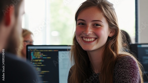 Smiling woman in office, collaboration.