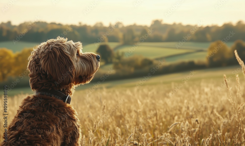Dog gazing at sunset over fields, golden fur, serene landscape, warm light, nature, tranquility Dog gazing at sunset over fields, golden fur, serene landscape, warm light, nature, tranquility