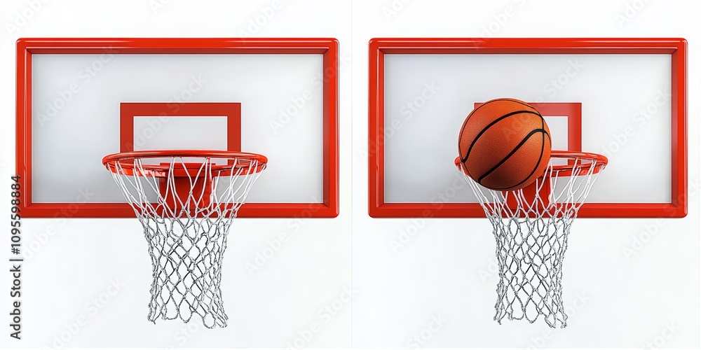 Basketball Hoop with Basketball on Backboard Isolated on White Basketball Hoop with Basketball on Backboard Isolated on White