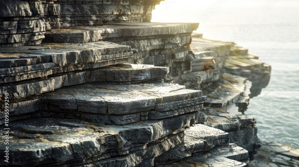 Close-up of layered rock formations on a cliff overlooking the ocean. Close-up of layered rock formations on a cliff overlooking the ocean.