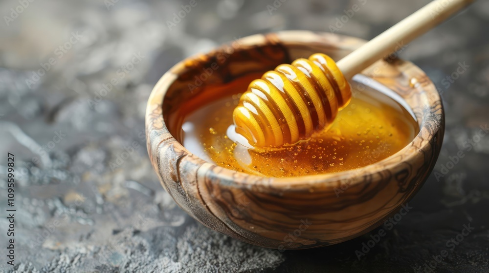 A wooden bowl filled with golden honey and a honey dipper. A wooden bowl filled with golden honey and a honey dipper.