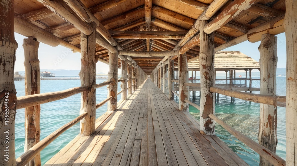 Wooden walkway over water leading to a small island. Wooden walkway over water leading to a small island.