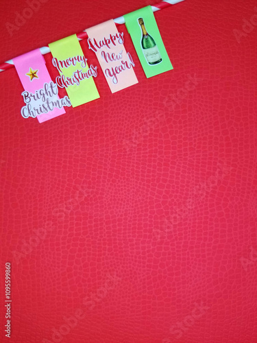 colored stickers with congratulations on the new year and christmas on a red background