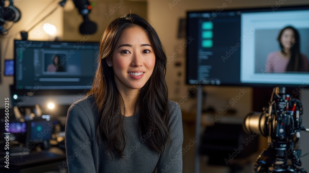 Young woman with long hair smiling at camera in a modern studio filled with professional equipment and screens showcasing video editing and photography work Young woman with long hair smiling at camera in a modern studio filled with professional equipment and screens showcasing video editing and photography work