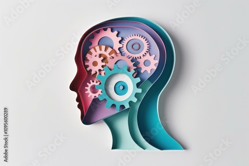 Creative paper cut illustration of a human head with colorful gears representing thoughts and ideas. Concept of creativity and innovation in design. photo