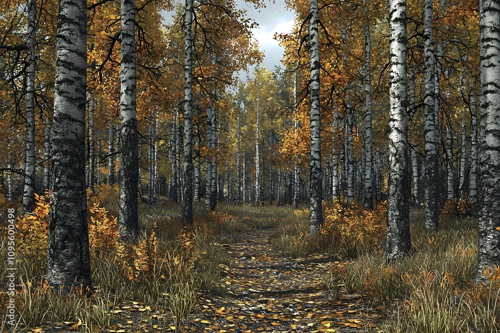 Fototapeta premium A serene autumn landscape featuring a pathway through a tranquil birch forest. The scene is adorned with vibrant orange and yellow leaves, creating a warm, inviting atmosphere.
