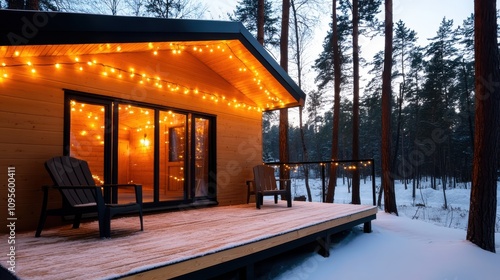 A warmly lit wooden cabin on a snow-covered deck in a forest creates a scene of comfort and warmth, offering an inviting retreat amidst a winter wonderland. photo