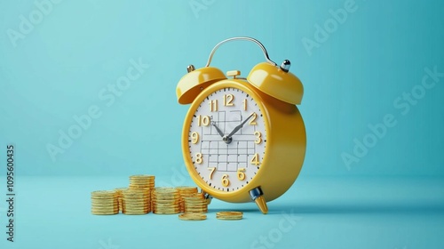 3D cartoon-style image showcases an alarm clock with gold coins, symbolizing business planning and punctual payments. The scene is presented on a blue backdrop.