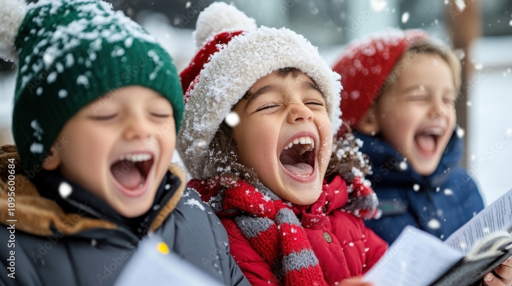 Three children joyfully singing in a snowy setting, wearing colorful winter clothes, smiling with pure delight while surrounded by softly falling snow. Three children joyfully singing in a snowy setting, wearing colorful winter clothes, smiling with pure delight while surrounded by softly falling snow.