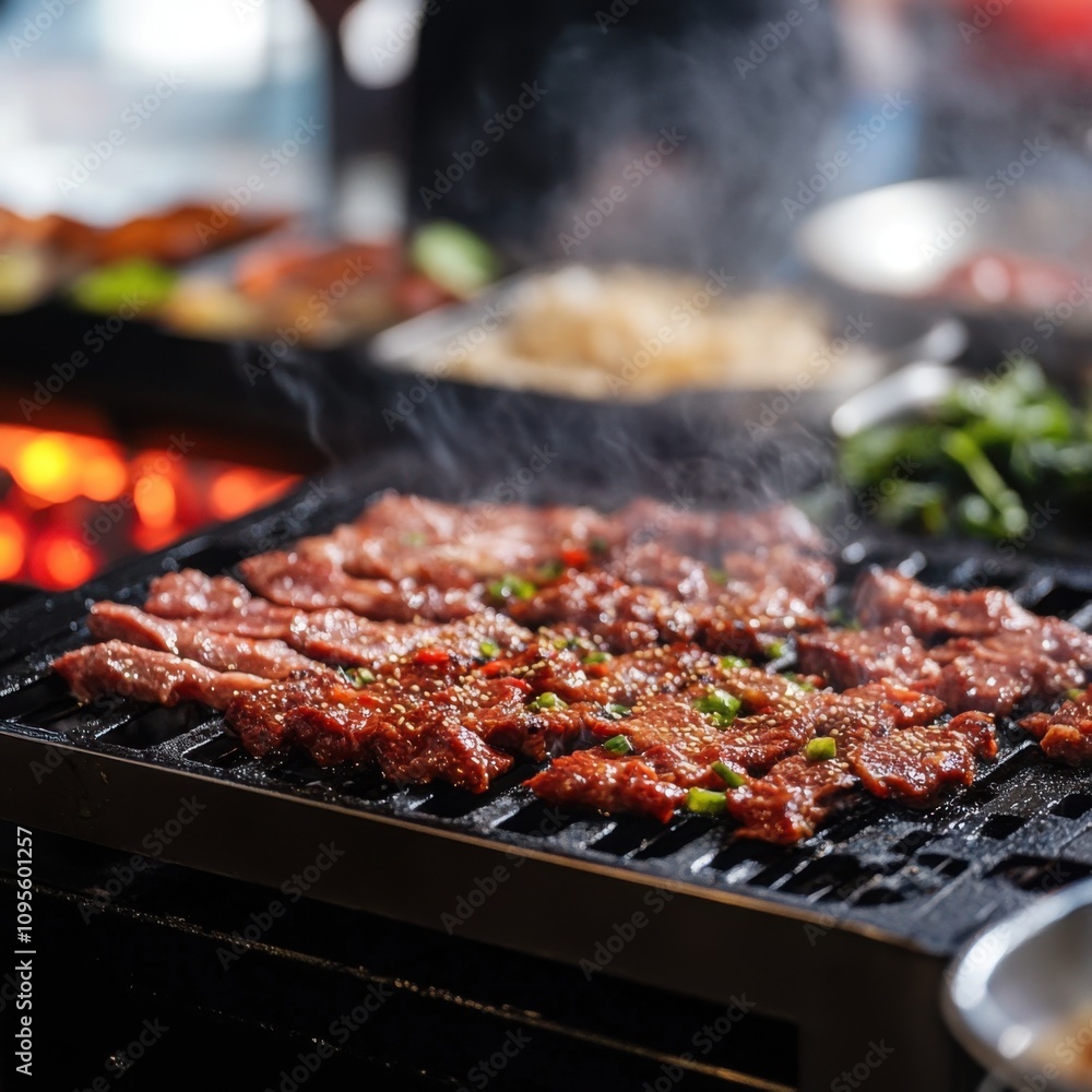 Juicy meat sizzling on a grill, surrounded by smoke and vibrant sides, creating an inviting and appetizing barbecue scene. Juicy meat sizzling on a grill, surrounded by smoke and vibrant sides, creating an inviting and appetizing barbecue scene.