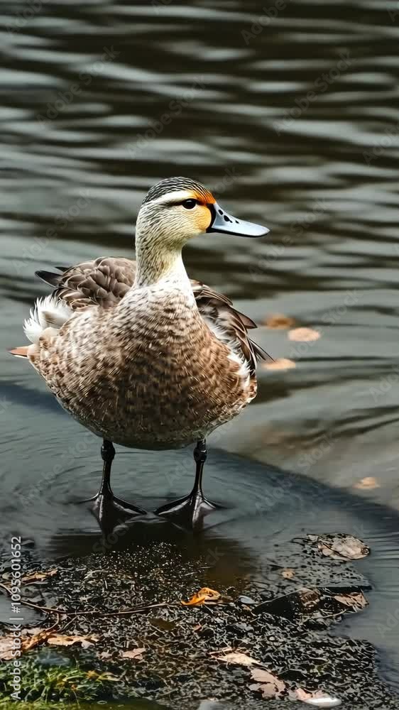 Duck stands gracefully at the water's edge during a calm afternoon in a serene park setting Duck stands gracefully at the water's edge during a calm afternoon in a serene park setting