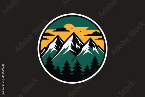 Mountain Landscape with Pine Trees, Sunset, and Clouds in a Circular Emblem Design, Vector illustration