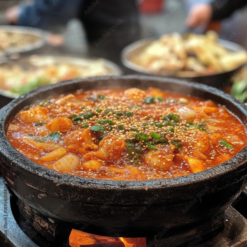 A steaming bowl of spicy, garnished stew simmering in a black pot, surrounded by various other dishes in a vibrant kitchen setting. A steaming bowl of spicy, garnished stew simmering in a black pot, surrounded by various other dishes in a vibrant kitchen setting.