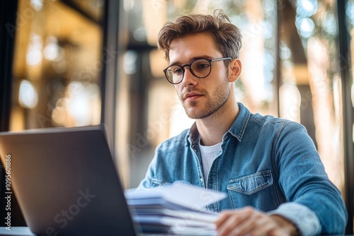 Young man with glasses doing paperwork at modern desk in sunlit office