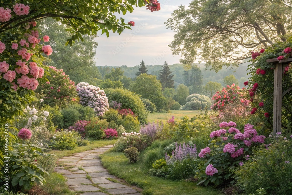 Watercolor painting of a beautiful garden scene featuring blooming flowers and greenery, greenery, garden scene, blooming flowers Watercolor painting of a beautiful garden scene featuring blooming flowers and greenery, greenery, garden scene, blooming flowers