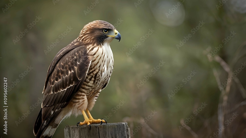 Obraz premium Majestic Hawk Perched on a Weathered Post