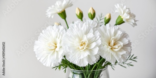 White carnation flowers in a glass vase with greenery, carnation, greenery