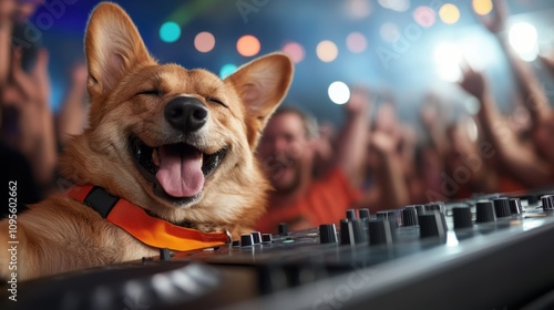 An enthused dog stars as a DJ, thrilling the festival-goers at a nighttime bash, exuding happiness and energy in an atmosphere filled with excitement.