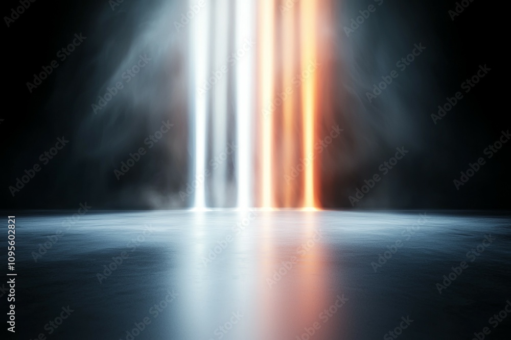 A dark room with three lights shining on the floor A dark room with three lights shining on the floor