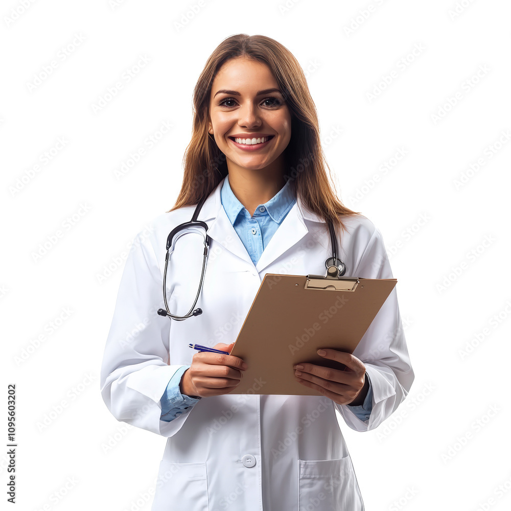 Smiling female doctor holding clipboard isolate on transparent background PNG Smiling female doctor holding clipboard isolate on transparent background PNG