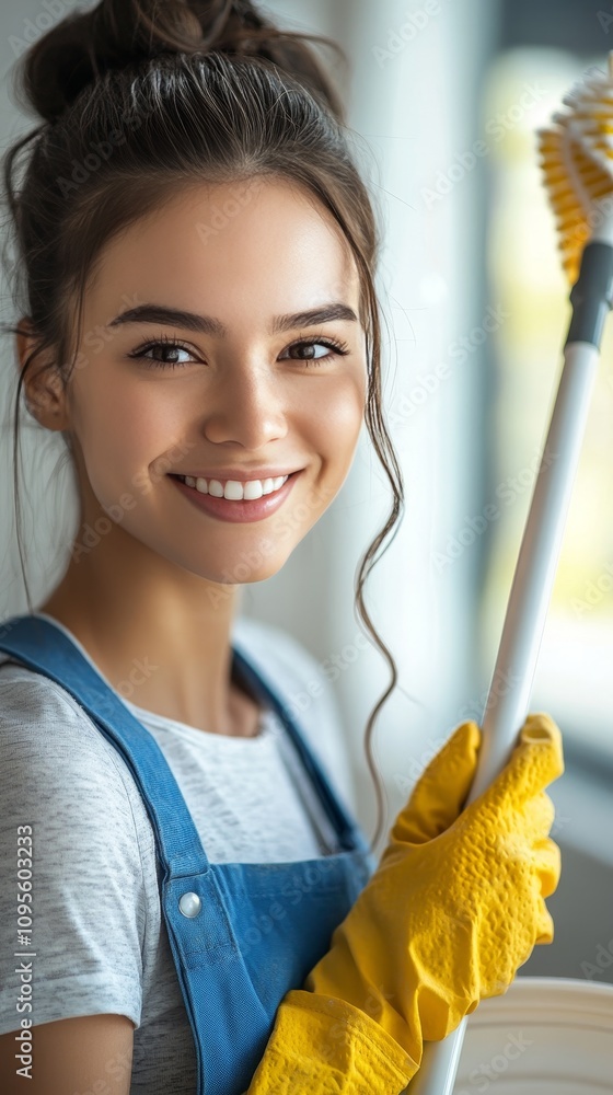 Portrait, Happy, Smiling Cleaning Lady With Mop, Wearing Yellow Rubber Gloves, Looking At Camera Portrait, Happy, Smiling Cleaning Lady With Mop, Wearing Yellow Rubber Gloves, Looking At Camera