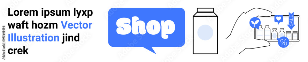 Shop text in speech bubble, milk carton, hand holding smartphone with shopping icons. Ideal for online shopping, e-commerce, retail, discounts, consumer buying. Banner for landing page Shop text in speech bubble, milk carton, hand holding smartphone with shopping icons. Ideal for online shopping, e-commerce, retail, discounts, consumer buying. Banner for landing page