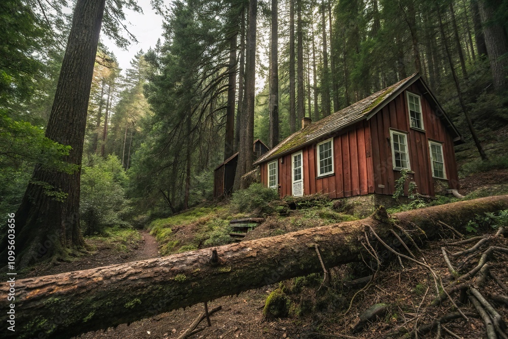 Abandoned redwood with white windows and a fallen branch in the foreground, branch, decayed, windows Abandoned redwood with white windows and a fallen branch in the foreground, branch, decayed, windows